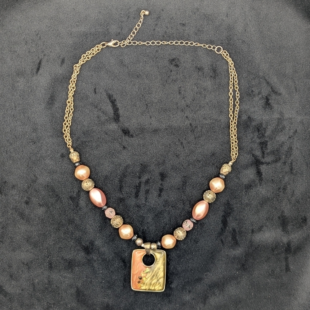 Green and Brown Enamel Pendant Necklace Gold